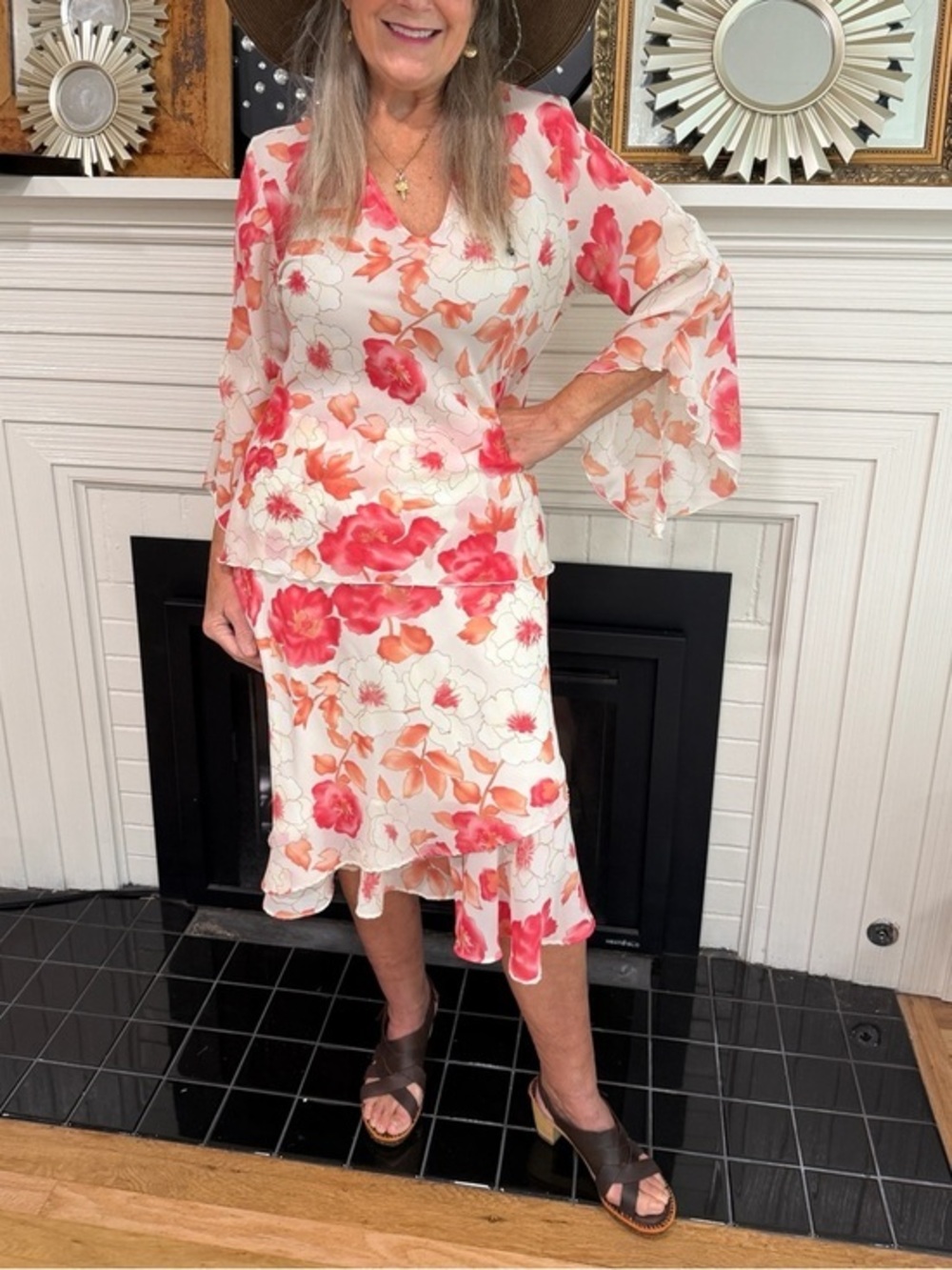Vintage Romantic Cream Midi skirt Set /Pink & Coral Floral Print and ruffle hem